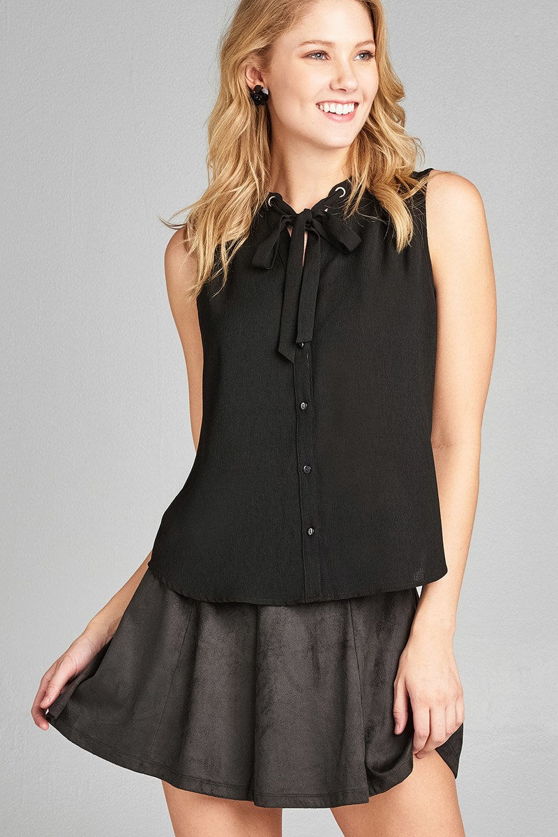 Ladies fashion sleeveless v-neck self tie w/eyelet detail front button woven top