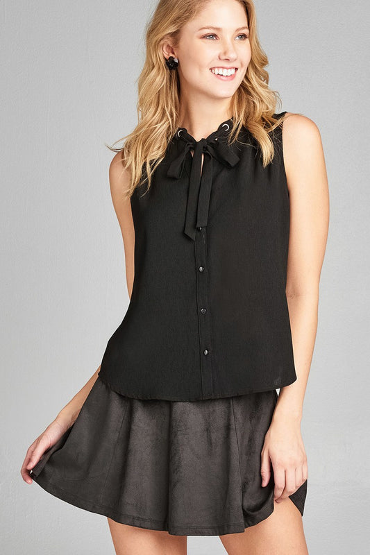 Ladies fashion sleeveless v-neck self tie w/eyelet detail front button woven top