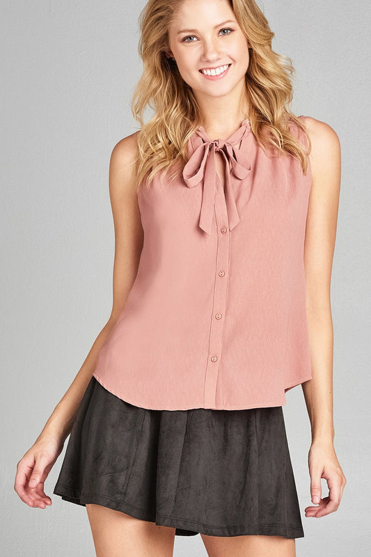Ladies fashion sleeveless v-neck self tie w/eyelet detail front button woven top