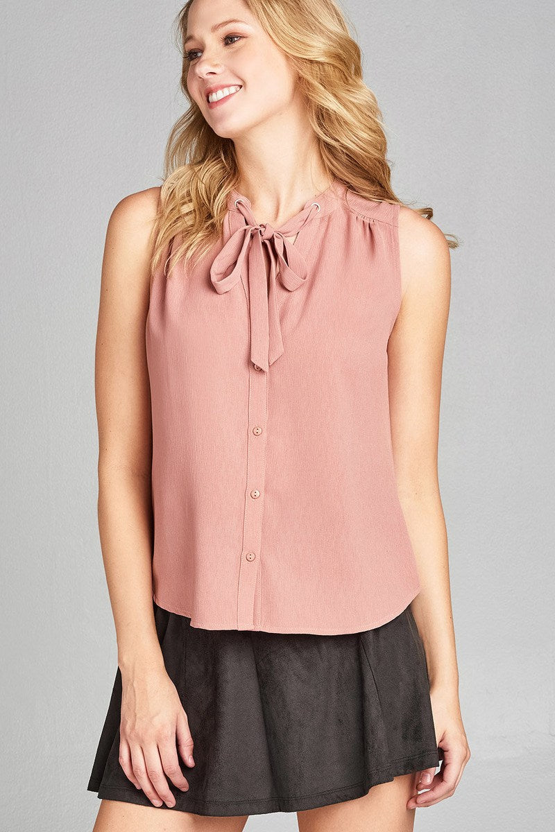Ladies fashion sleeveless v-neck self tie w/eyelet detail front button woven top