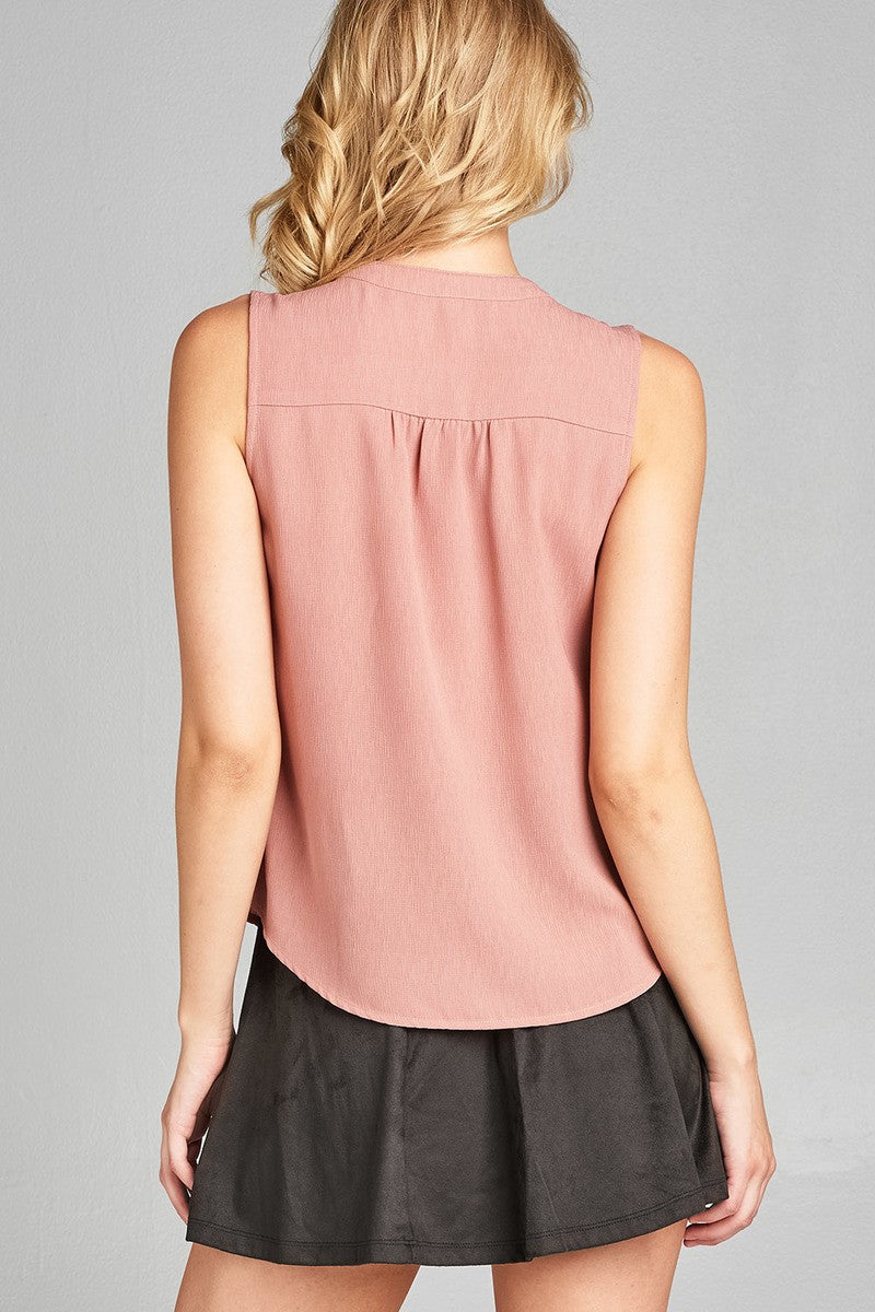 Ladies fashion sleeveless v-neck self tie w/eyelet detail front button woven top