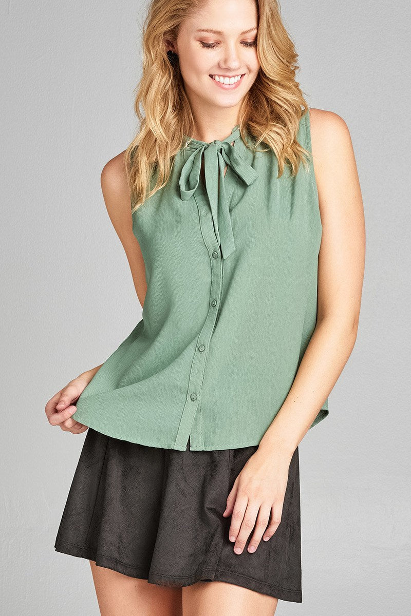 Ladies fashion sleeveless v-neck self tie w/eyelet detail front button woven top