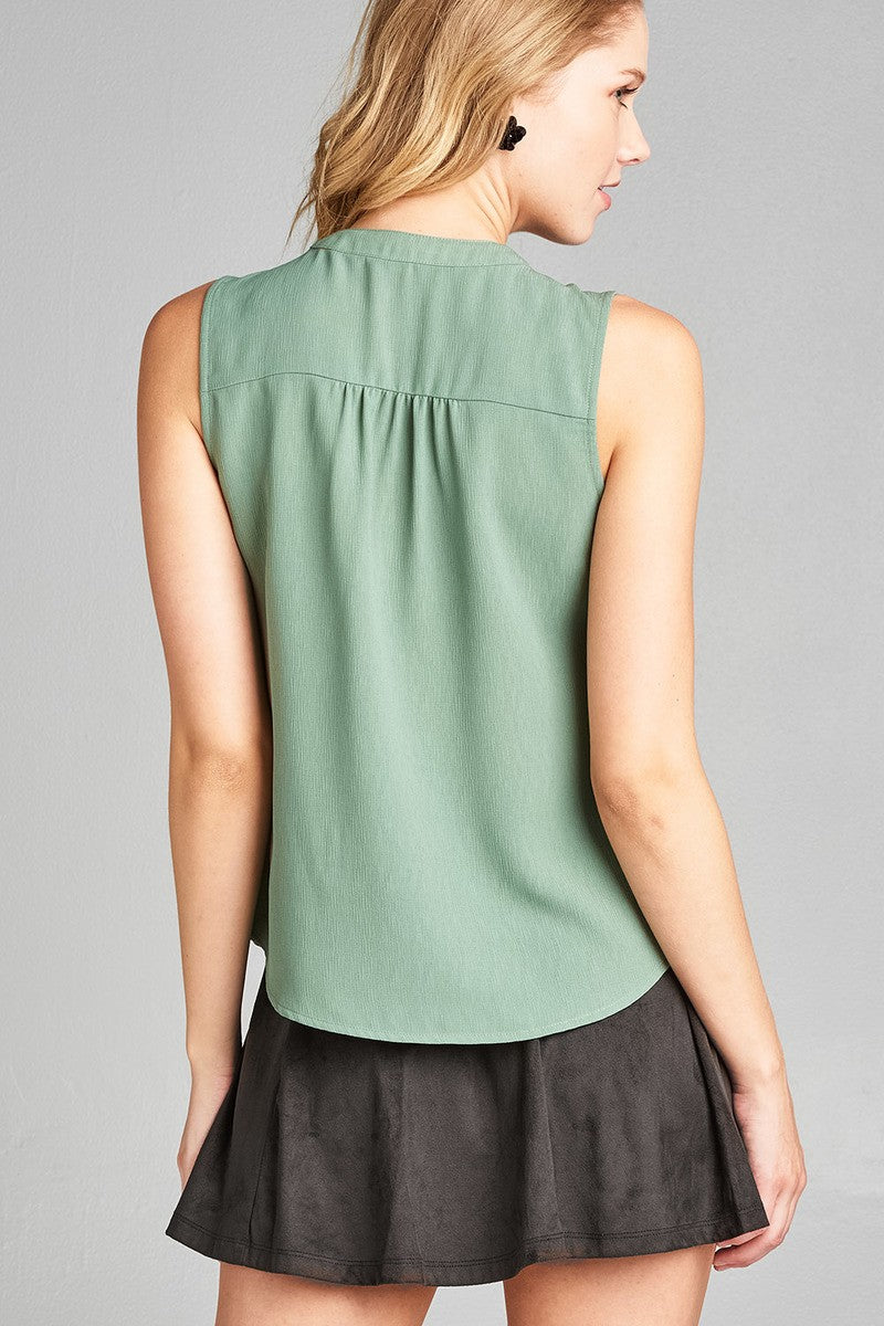 Ladies fashion sleeveless v-neck self tie w/eyelet detail front button woven top