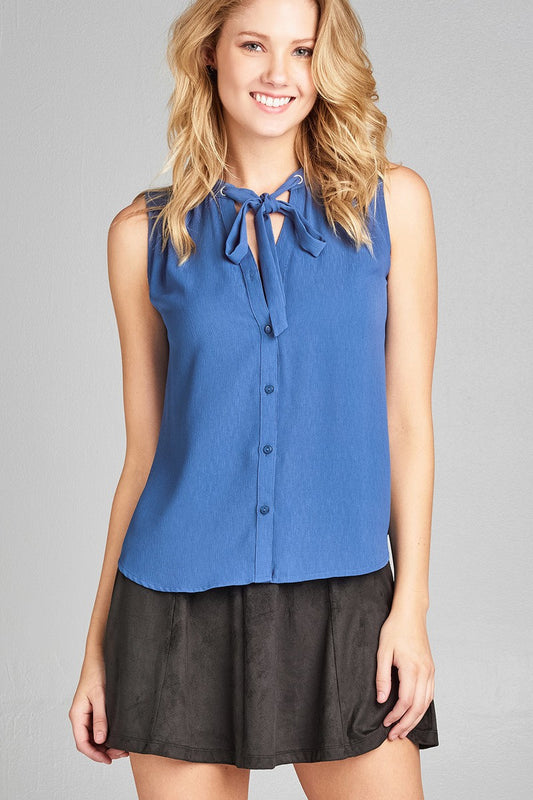 Ladies fashion sleeveless v-neck self tie w/eyelet detail front button woven top