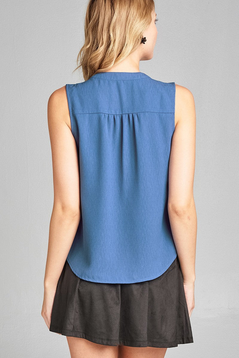 Ladies fashion sleeveless v-neck self tie w/eyelet detail front button woven top