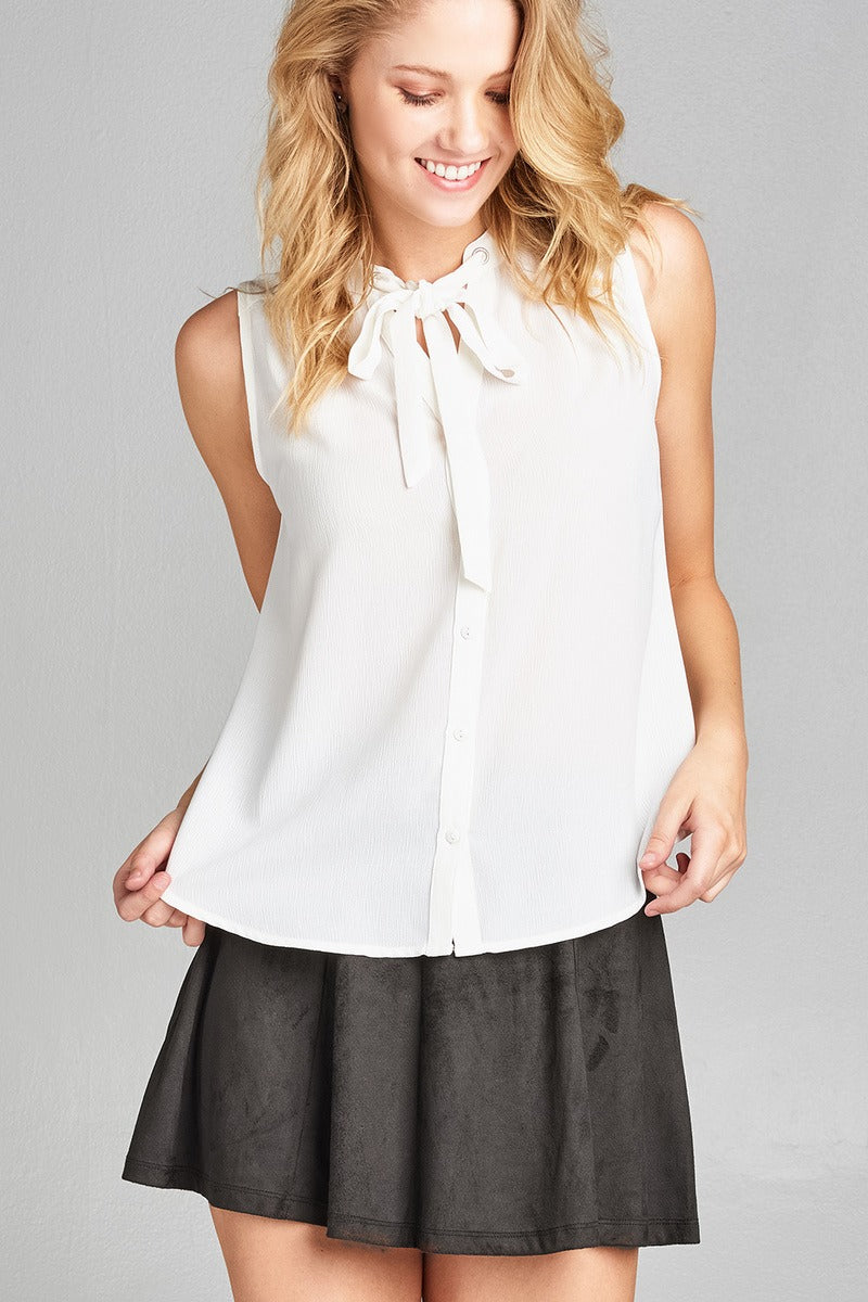 Ladies fashion sleeveless v-neck self tie w/eyelet detail front button woven top
