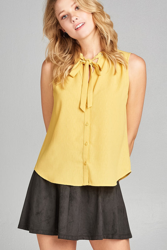 Ladies fashion sleeveless v-neck self tie w/eyelet detail front button woven top