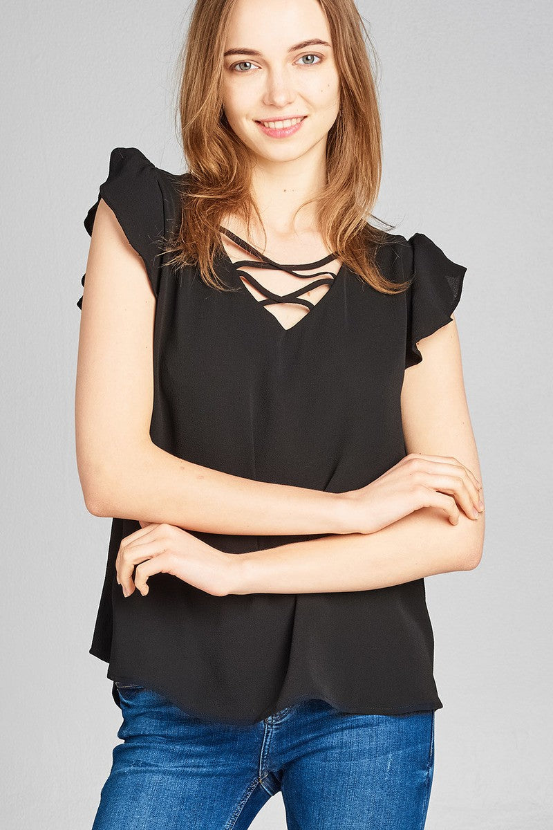 Ladies fashion ruffle sleeve v-neck w/cross strap crepe woven top