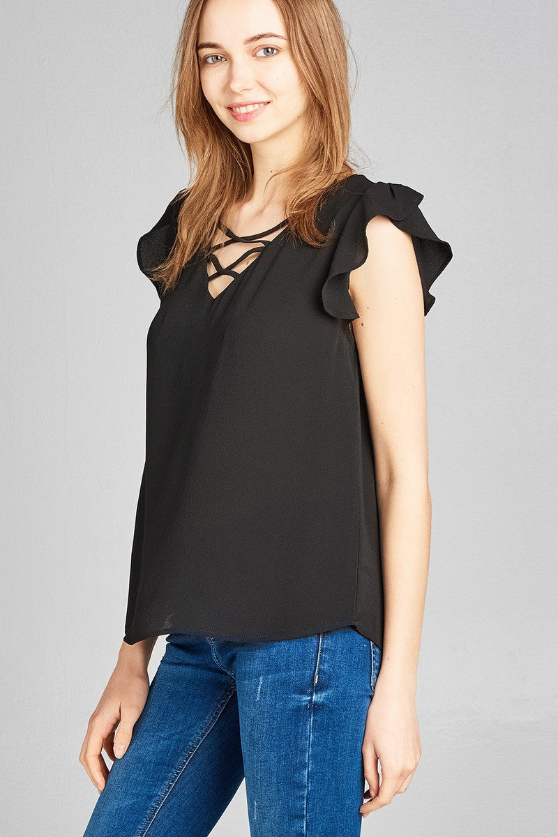 Ladies fashion ruffle sleeve v-neck w/cross strap crepe woven top