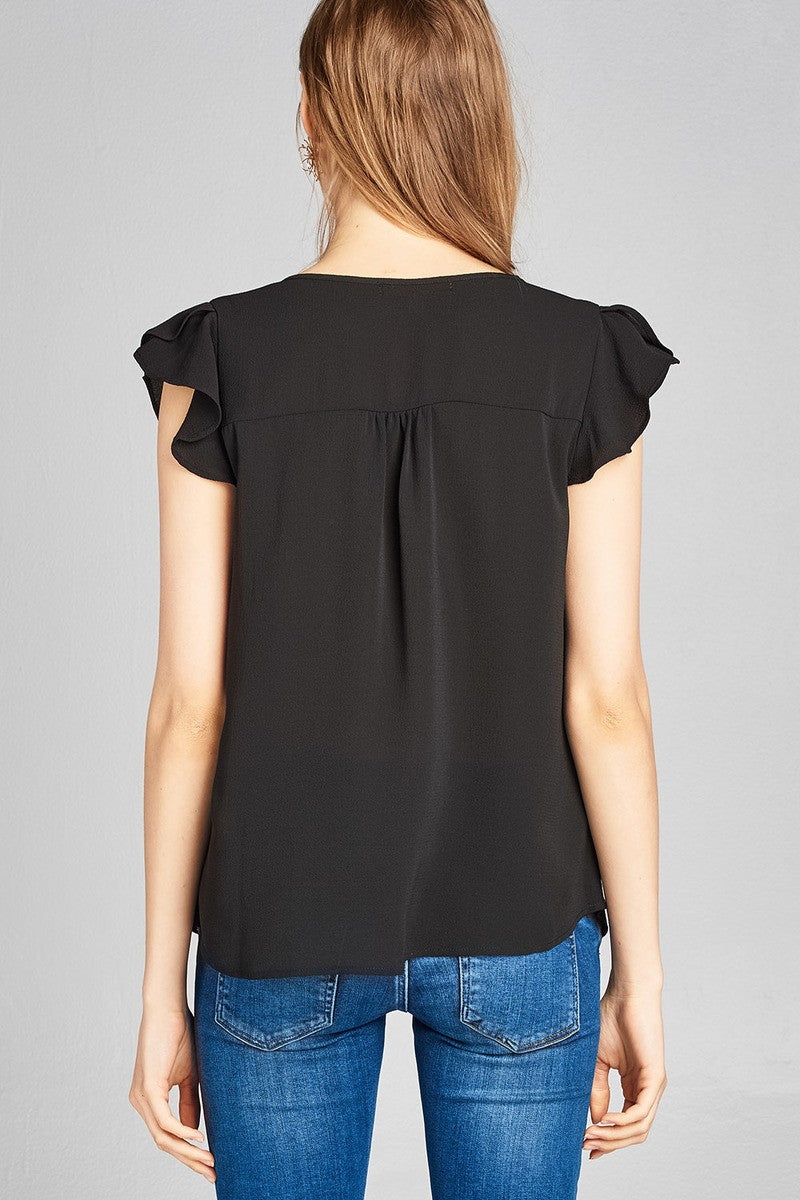 Ladies fashion ruffle sleeve v-neck w/cross strap crepe woven top