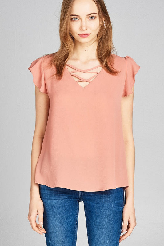 Ladies fashion ruffle sleeve v-neck w/cross strap crepe woven top