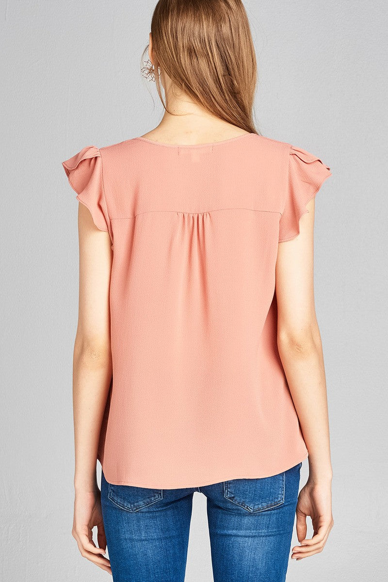 Ladies fashion ruffle sleeve v-neck w/cross strap crepe woven top