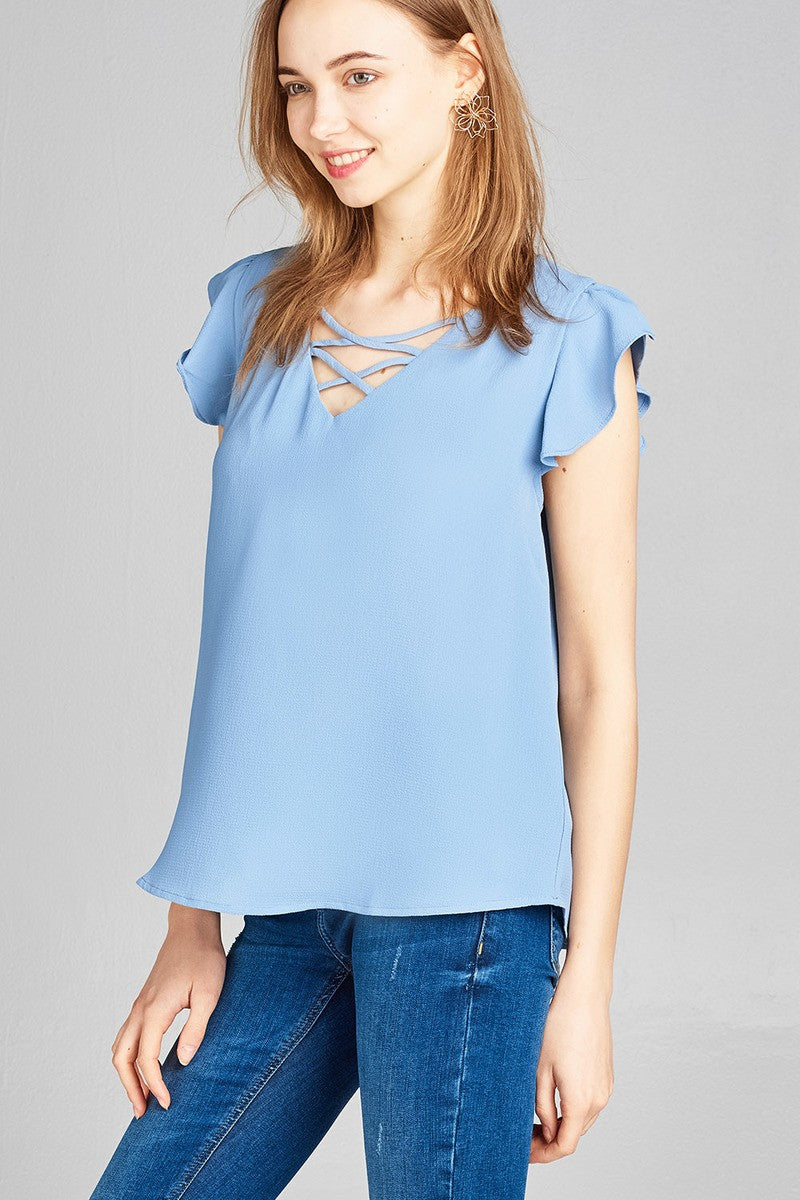 Ladies fashion ruffle sleeve v-neck w/cross strap crepe woven top