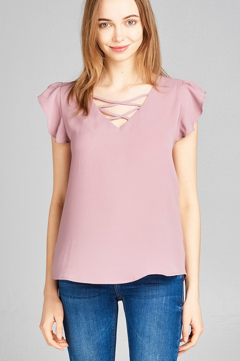 Ladies fashion ruffle sleeve v-neck w/cross strap crepe woven top