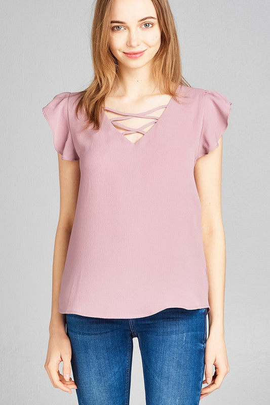 Ladies fashion ruffle sleeve v-neck w/cross strap crepe woven top