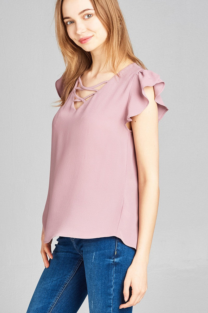 Ladies fashion ruffle sleeve v-neck w/cross strap crepe woven top