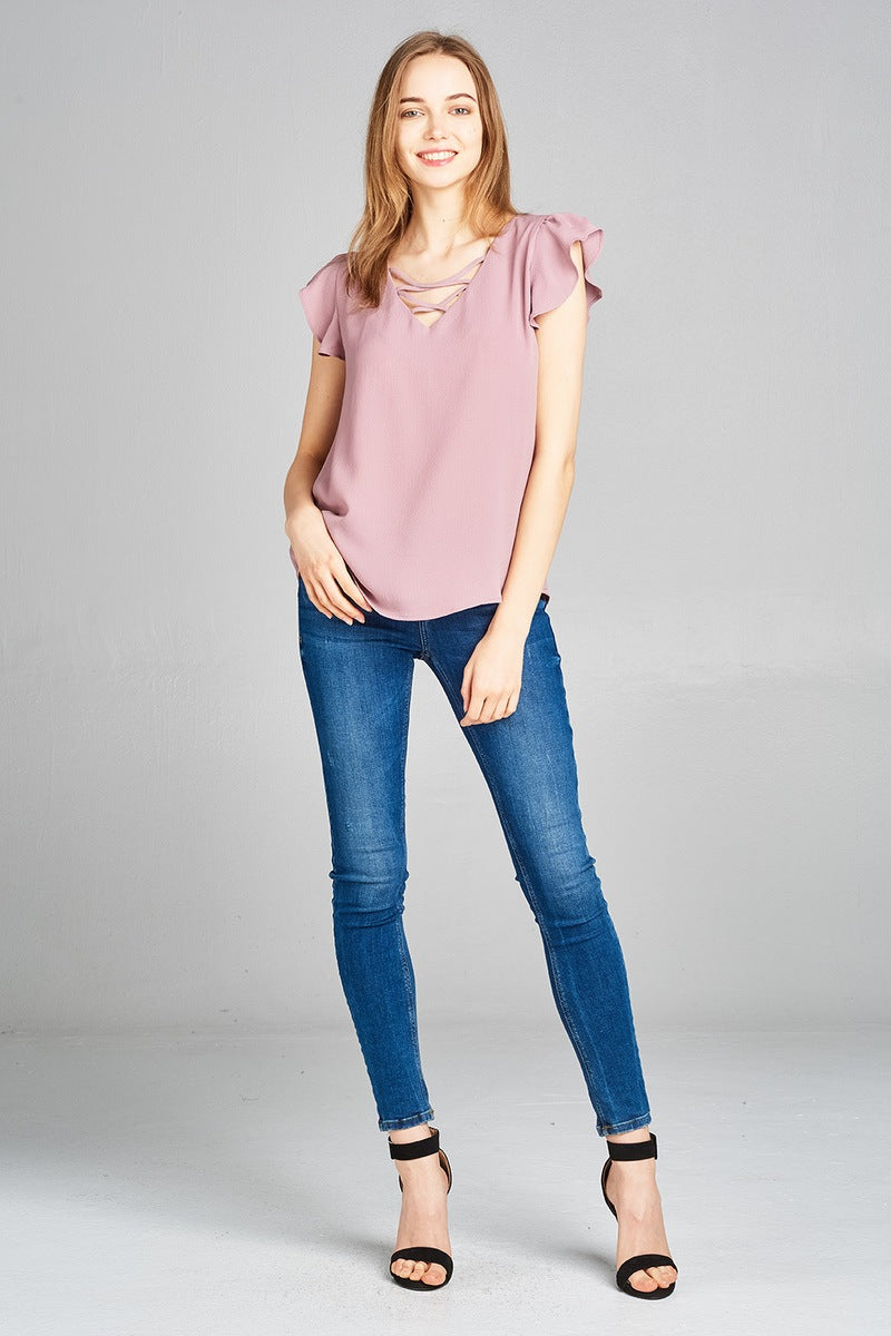 Ladies fashion ruffle sleeve v-neck w/cross strap crepe woven top