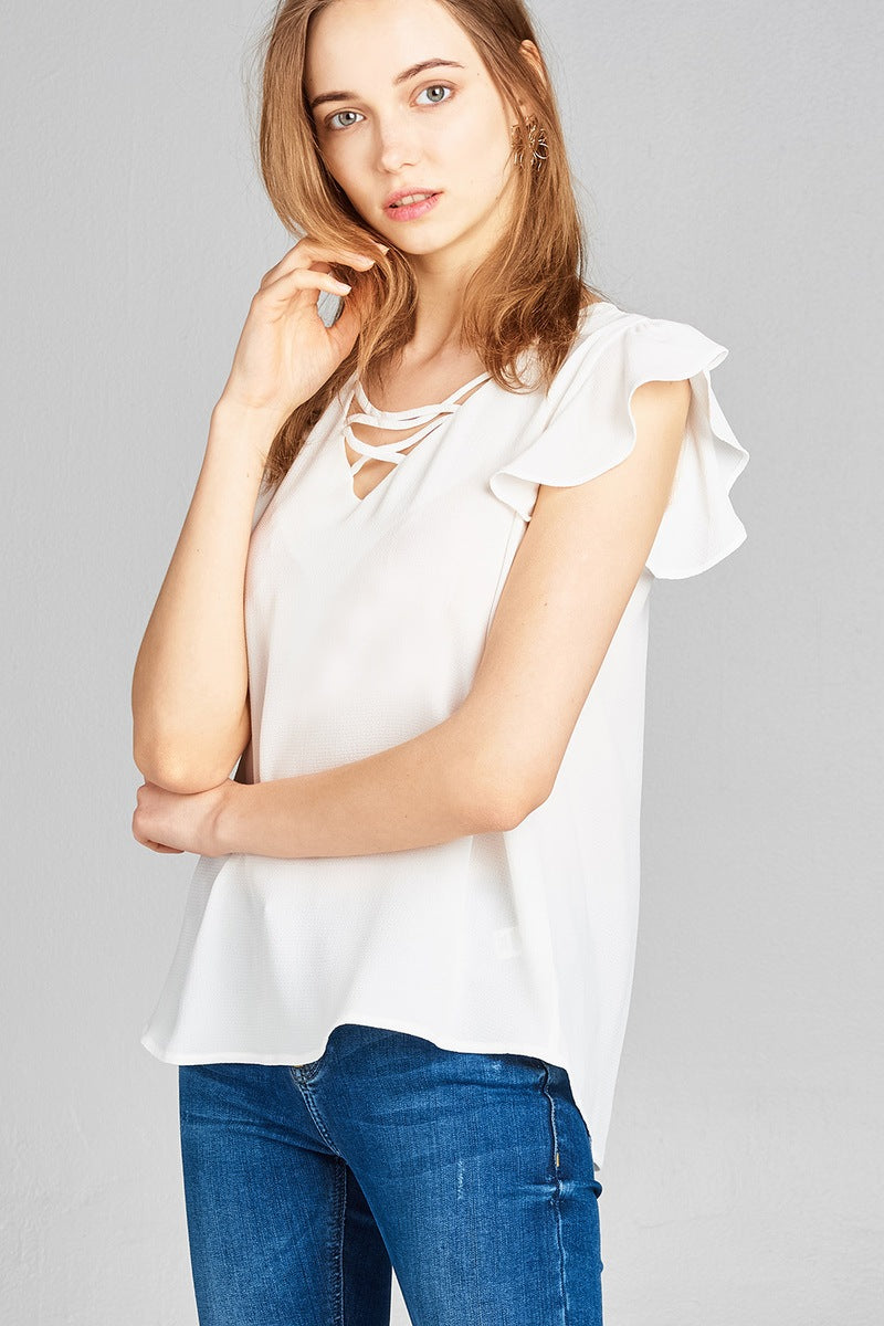 Ladies fashion ruffle sleeve v-neck w/cross strap crepe woven top