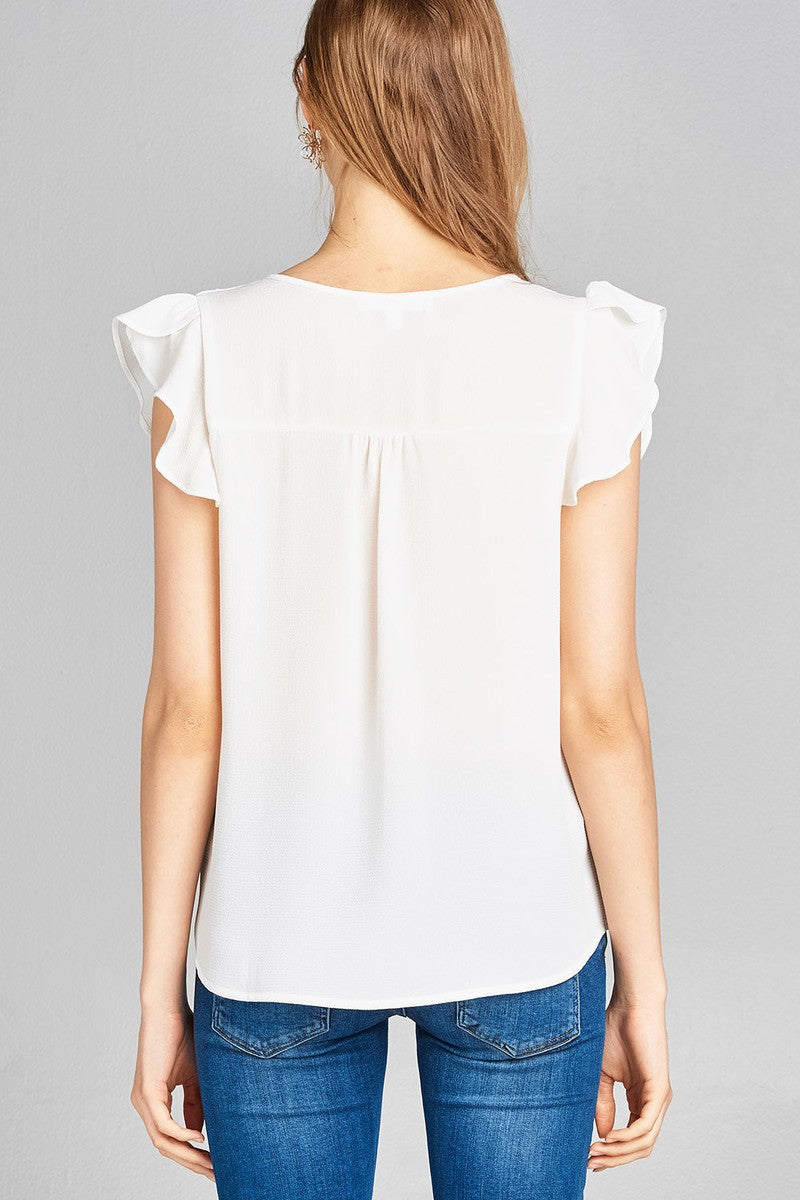 Ladies fashion ruffle sleeve v-neck w/cross strap crepe woven top