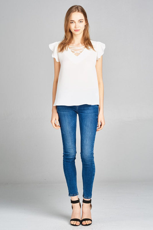 Ladies fashion ruffle sleeve v-neck w/cross strap crepe woven top