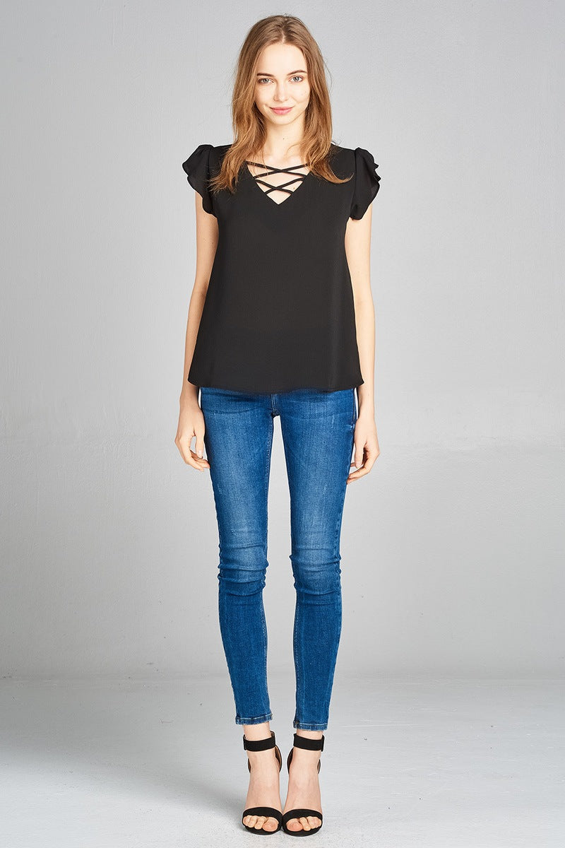 Ladies fashion ruffle sleeve v-neck w/cross strap crepe woven top