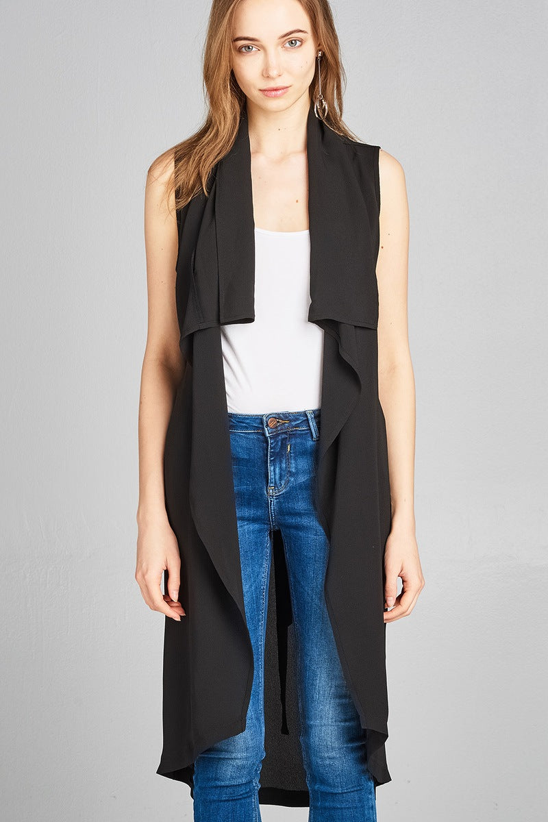Ladies fashion sleeveless shawl lapel handkerchief hem waist belt knee length woven jacket