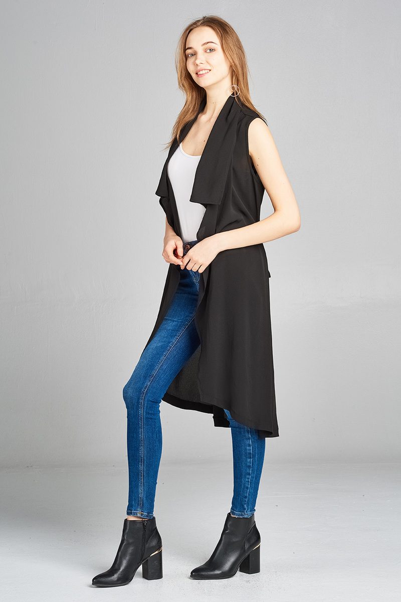 Ladies fashion sleeveless shawl lapel handkerchief hem waist belt knee length woven jacket