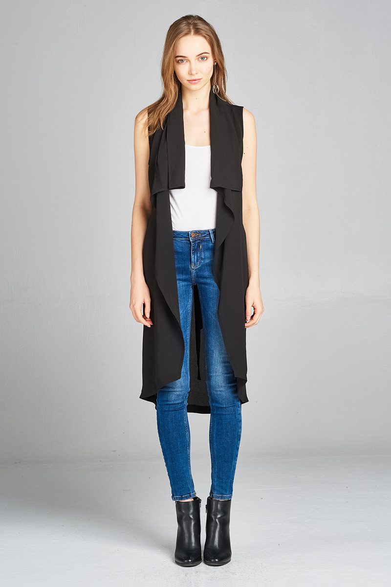 Ladies fashion sleeveless shawl lapel handkerchief hem waist belt knee length woven jacket