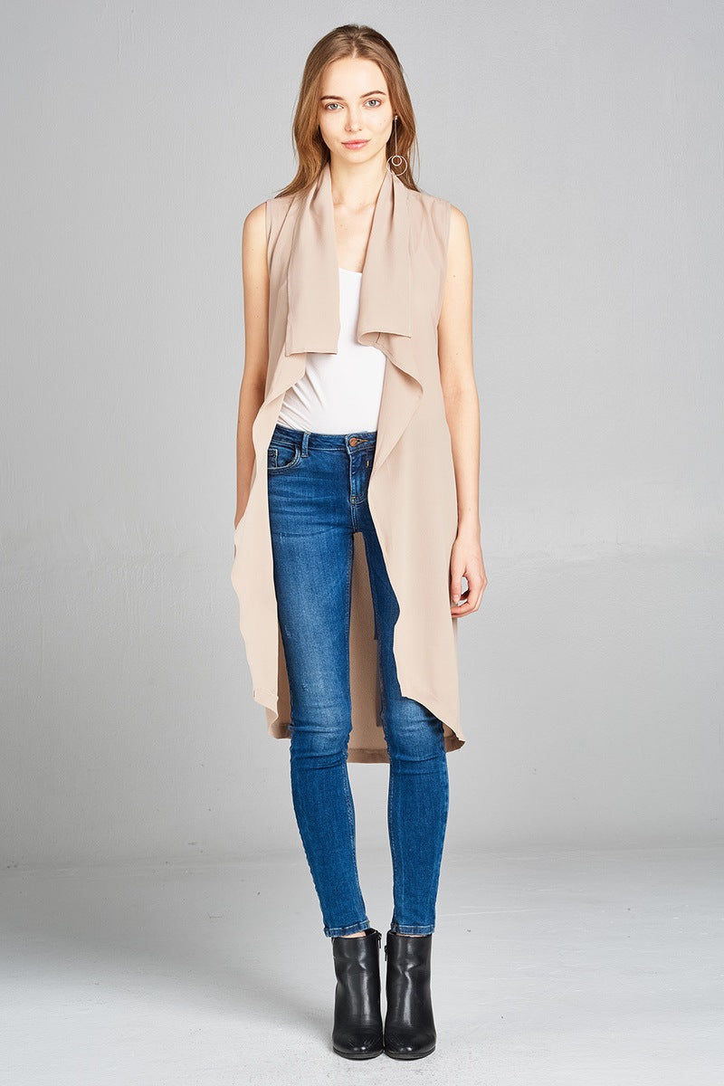 Ladies fashion sleeveless shawl lapel handkerchief hem waist belt knee length woven jacket