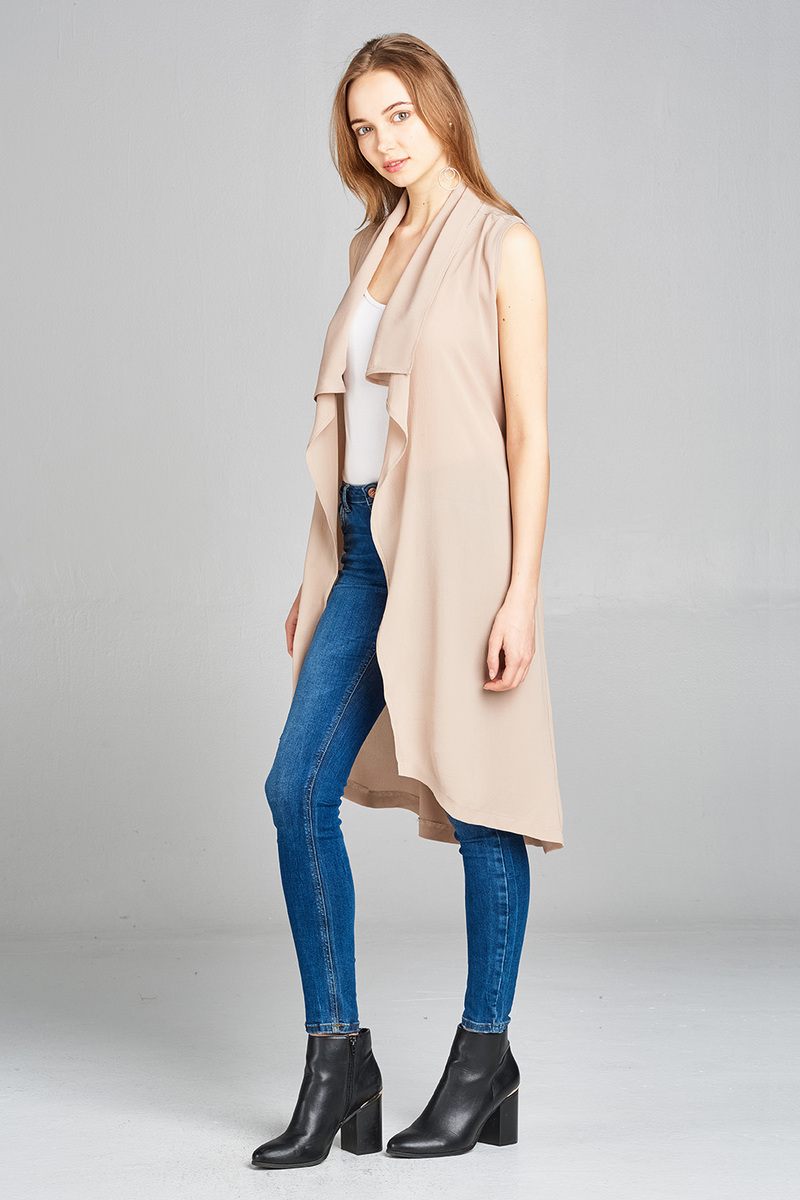 Ladies fashion sleeveless shawl lapel handkerchief hem waist belt knee length woven jacket