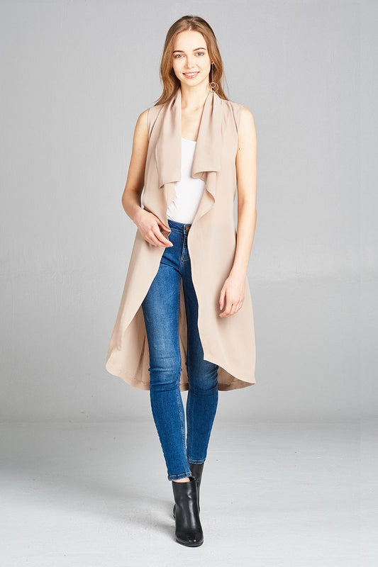 Ladies fashion sleeveless shawl lapel handkerchief hem waist belt knee length woven jacket