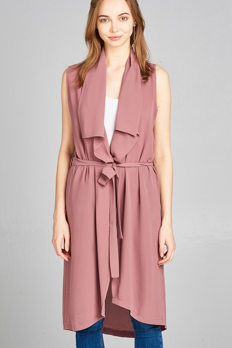 Ladies fashion sleeveless shawl lapel handkerchief hem waist belt knee length woven jacket