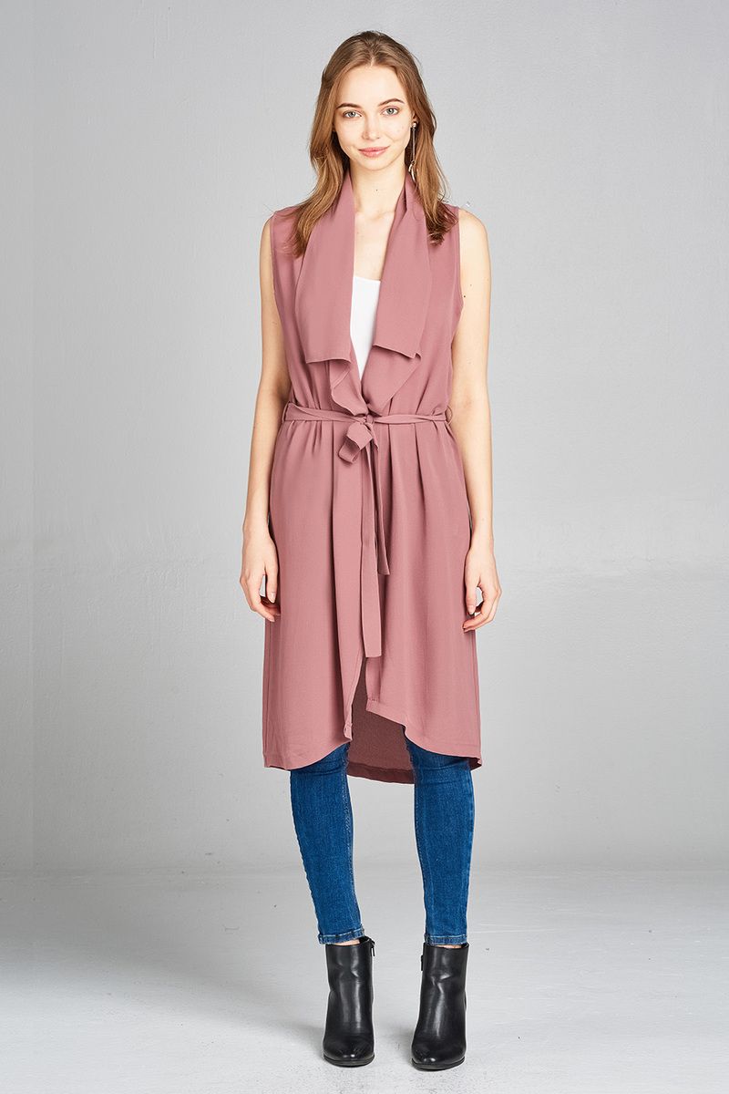Ladies fashion sleeveless shawl lapel handkerchief hem waist belt knee length woven jacket
