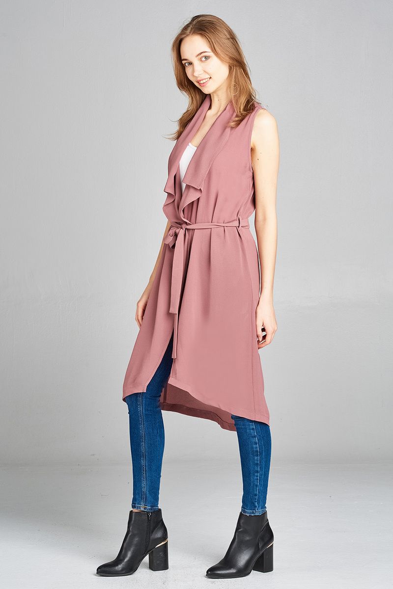 Ladies fashion sleeveless shawl lapel handkerchief hem waist belt knee length woven jacket