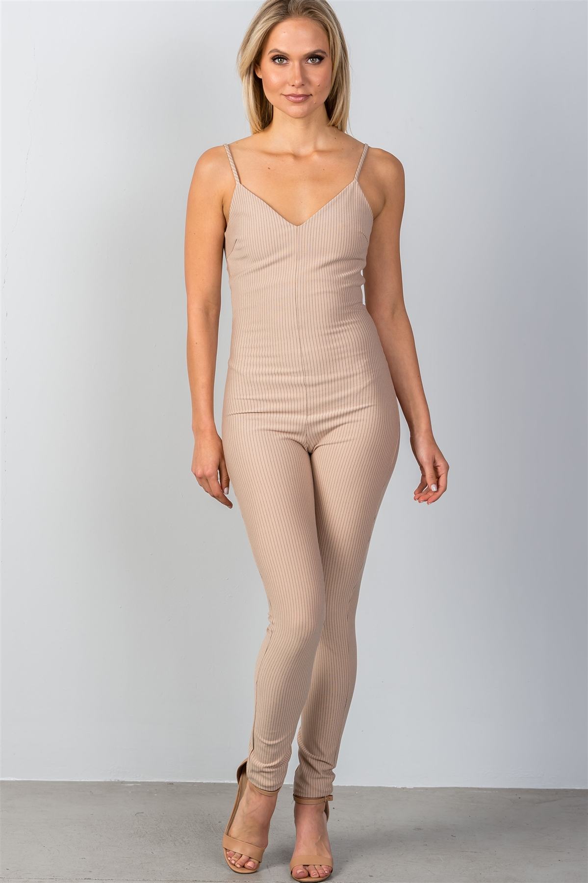 Ladies fashion thin straps stretch sleeveless v neckline stripes all over low back, fitted jumpsuit