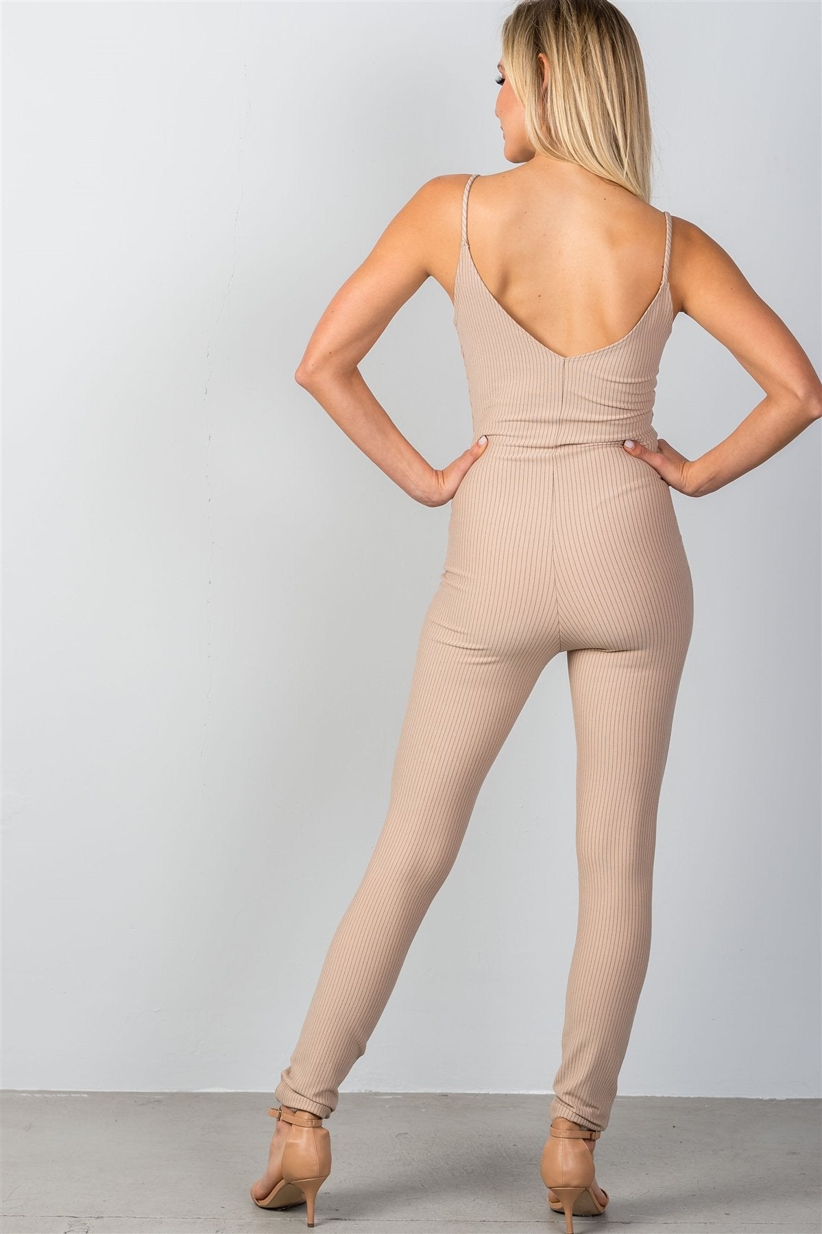 Ladies fashion thin straps stretch sleeveless v neckline stripes all over low back, fitted jumpsuit