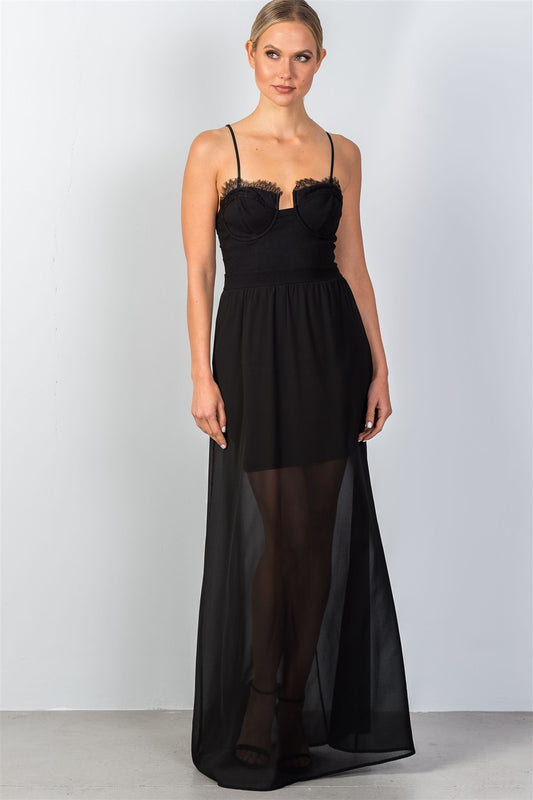 Ladies fashion lace trim bustier style bodice semi sheer maxi dress