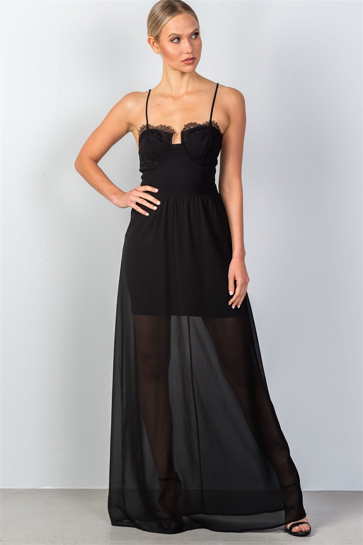 Ladies fashion lace trim bustier style bodice semi sheer maxi dress