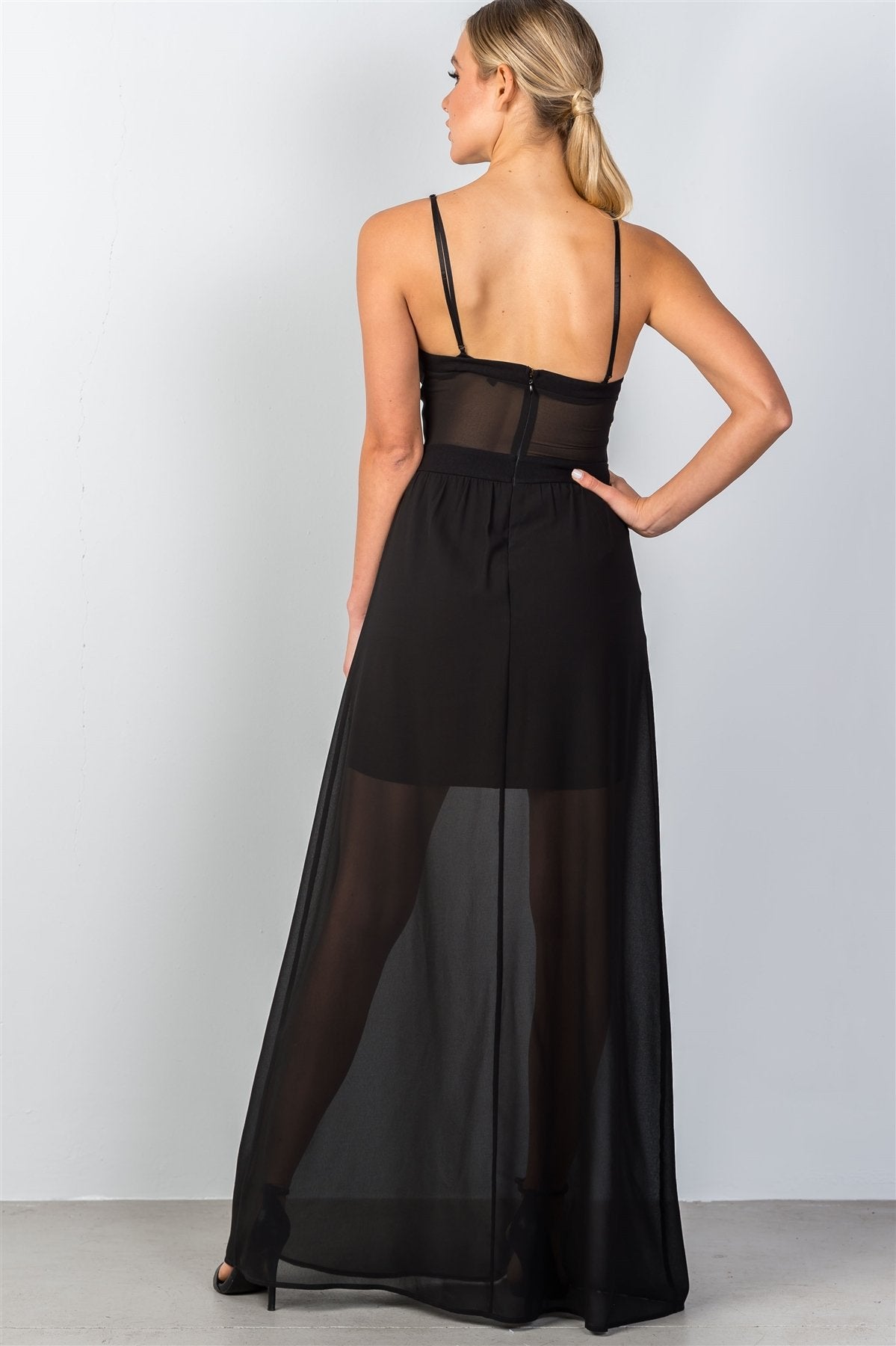 Ladies fashion lace trim bustier style bodice semi sheer maxi dress