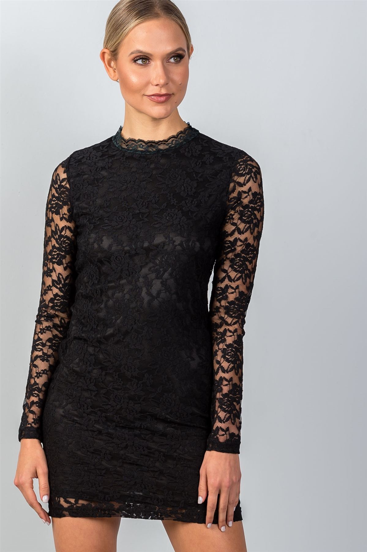 Ladies fashion  long sleeve  floral lace mock neck bodycon mini dress