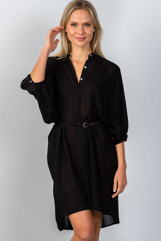 Ladies fashion button down front closure sheer batwing sleeves t-shirt belt included dress