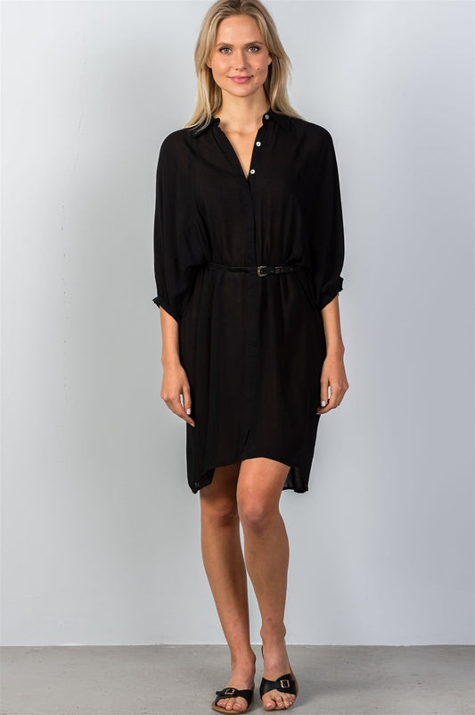 Ladies fashion button down front closure sheer batwing sleeves t-shirt belt included dress
