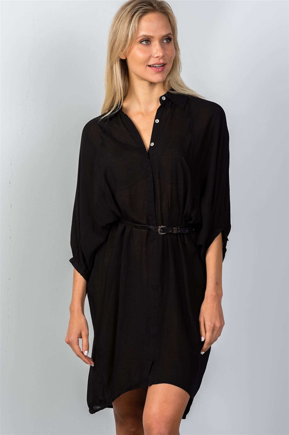 Ladies fashion button down front closure sheer batwing sleeves t-shirt belt included dress