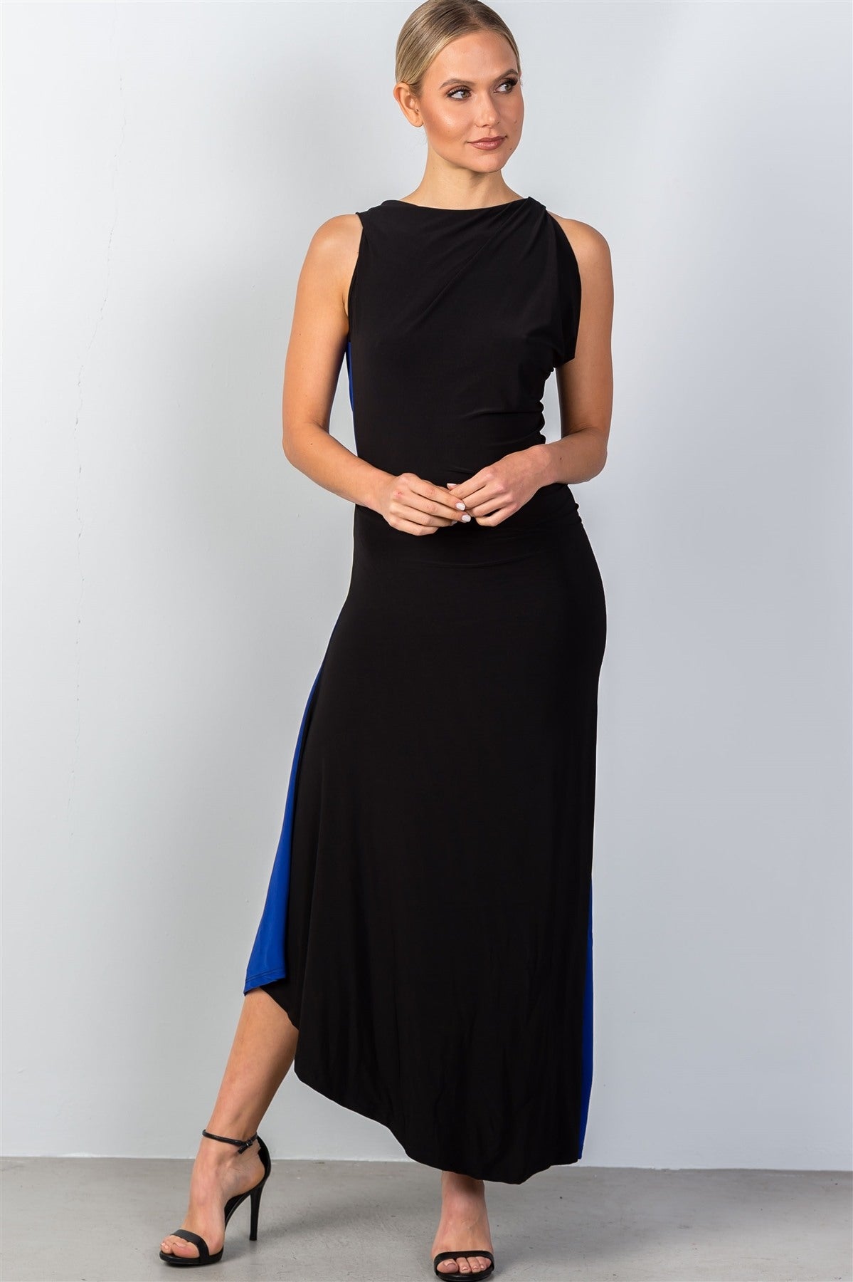 Ladies fashion draped back with necklace detail open back contrast color draped back maxi party dress