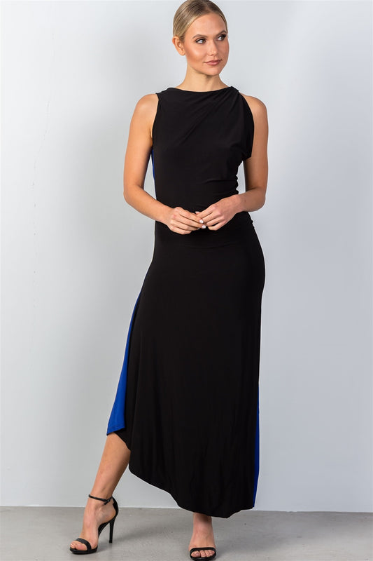Ladies fashion draped back with necklace detail open back contrast color draped back maxi party dress
