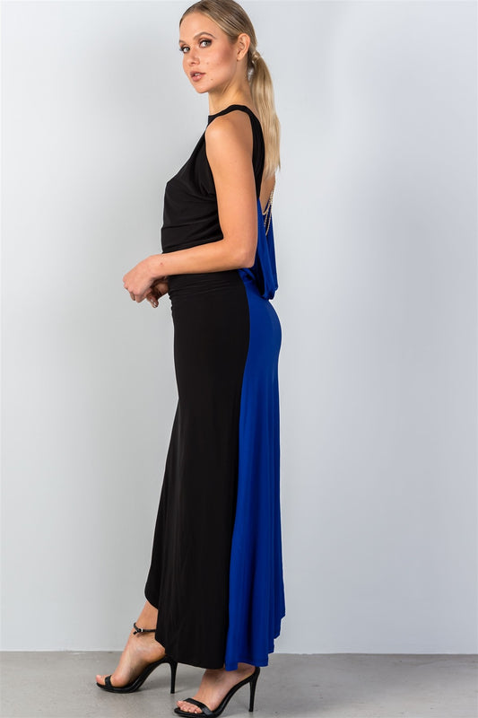 Ladies fashion draped back with necklace detail open back contrast color draped back maxi party dress