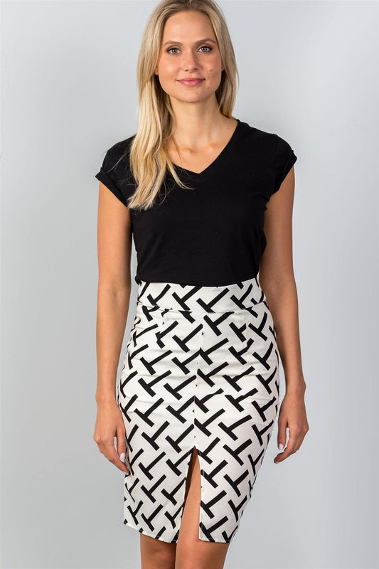 Ladies fashion black & white "t" print double split pencil mini skirt