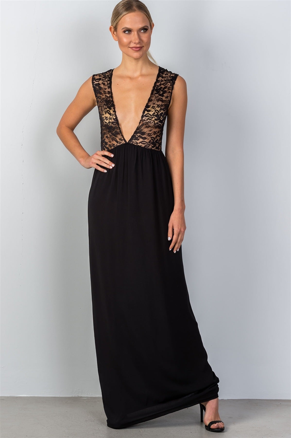 Ladies fashion sleeveless deep v plunge lace sheer top maxi dress