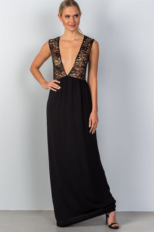 Ladies fashion sleeveless deep v plunge lace sheer top maxi dress