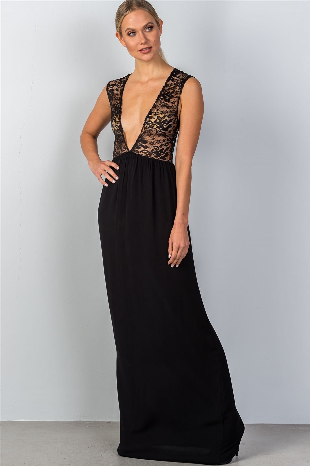 Ladies fashion sleeveless deep v plunge lace sheer top maxi dress